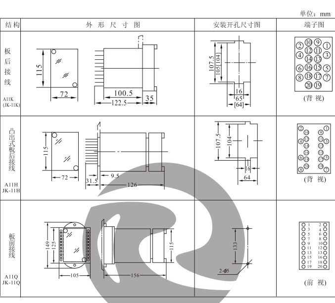 JZJ-203,JZY-203中間繼電器外形及安裝開孔尺寸圖